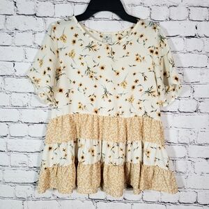 Paper Crane Floral Mixed Print Tiered Babydoll Short Sleeve Top-Size S